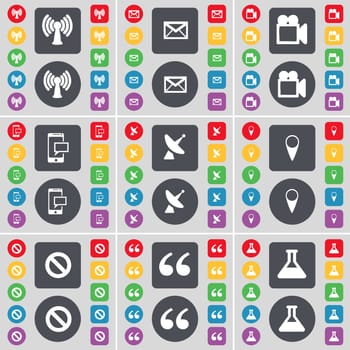Wi-Fi, Message, Film camera, SMS, Satellite dish, Checkpoint, Stop, Quotation mark, Flask icon symbol. A large set of flat, colored buttons for your design. illustration