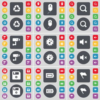 Recycling, Mouse, Magnifying glass, CCTV, Gear, Mute, Floppy, Battery, Flag icon symbol. A large set of flat, colored buttons for your design. illustration