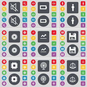 Mute, Battery, Silhouette, Lens, Graph, Floppy, Processor, Wi-Fi, Scales icon symbol. A large set of flat, colored buttons for your design. illustration