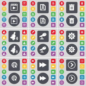 Media player, ZIP file, Trash can, Bell, Microphone, Gear, Web cursor, Rewind, Arrow right icon symbol. A large set of flat, colored buttons for your design. illustration
