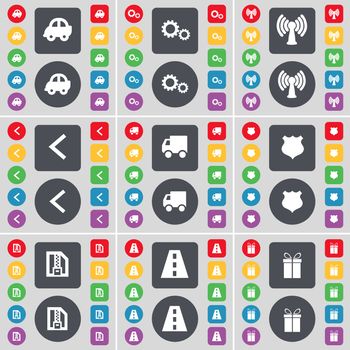 Car, Gear, Wi-Fi, Arrow left, Truck, Police badge, ZIP card, Road, Gift icon symbol. A large set of flat, colored buttons for your design. illustration