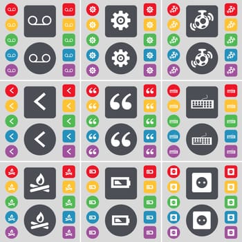 Cassette, Gear, Speaker, Arrow left, Quotation mark, Keyboard, Campfire, Battery, Socket icon symbol. A large set of flat, colored buttons for your design. illustration