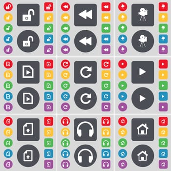 Lock, Rewind, Film camera, Music file, Reload, Media play, File, Headphones, House icon symbol. A large set of flat, colored buttons for your design. illustration