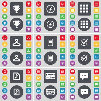 Cup, Flash, Apps, Hanger, Mobile phone, Tick, Music file, Record-player, Chat bubble icon symbol. A large set of flat, colored buttons for your design. illustration