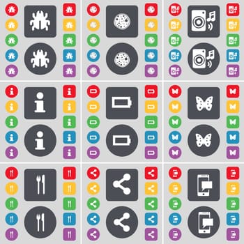 Bug, Pizza, Speaker, Information, Battery, Batterfly, Fork and knife, Share, SMS icon symbol. A large set of flat, colored buttons for your design. illustration