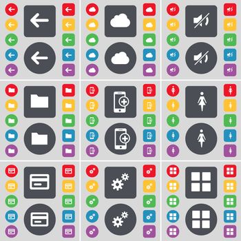 Arrow left, Cloud, Mute, Folder, Smartphone, Silhouette, Credit card, Gear, Apps icon symbol. A large set of flat, colored buttons for your design. illustration