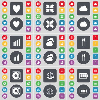 Heart, Deploying screen, Cloud, Diagram, Fork and knife, Gramophone, Scales, Battery icon symbol. A large set of flat, colored buttons for your design. illustration