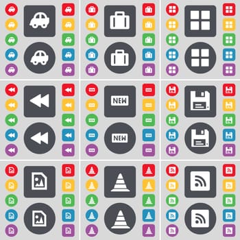 Car, Suitcase, Apps, Rewind, New, Floppy, Media file, Cone, RSS icon symbol. A large set of flat, colored buttons for your design. illustration