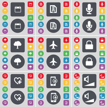 Calendar, ZIP file, Microphone, Tree, Airplane, Lock, Heart, Smartphone, Volume icon symbol. A large set of flat, colored buttons for your design. illustration