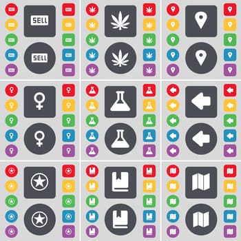 Sell, Marijuana, Checkpoint, Venus symbol, Flask, Arrow left, Star, Dictionary, Map icon symbol. A large set of flat, colored buttons for your design. illustration