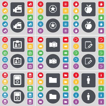 Film camera, Star, Apple, Contact, Camera, Survey, Player, Folder, Silhouette icon symbol. A large set of flat, colored buttons for your design. illustration