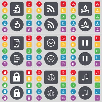 Microscope, RSS, Campfire, SMS, Arrow down, Pause, Lock, Scales, Note icon symbol. A large set of flat, colored buttons for your design. illustration