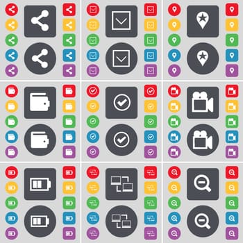 Share, Arrow down, Checkpoint, Wallet, Tick, Film camera, Battery, Connection, Minus icon symbol. A large set of flat, colored buttons for your design. illustration
