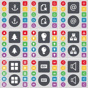 Anchor, File, Mail, Firtree, Light bulb, Network, Apps, Buy, Sound icon symbol. A large set of flat, colored buttons for your design. illustration