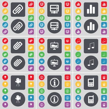 Clip, Server, Diagram, Clip, Graph, Note, Film camera, Information, Mobile phone icon symbol. A large set of flat, colored buttons for your design. illustration