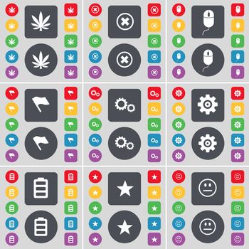 Marijuana, Stop, Mouse, Flag, Gear, Battery, Star, Smile icon symbol. A large set of flat, colored buttons for your design. illustration