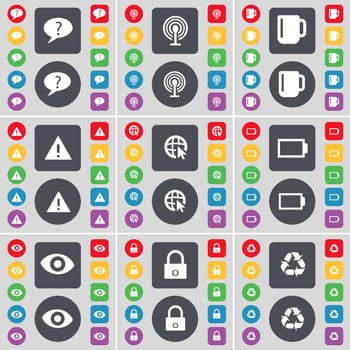 Chat bubble, Wi-Fi, Cup, Warning, Web cursor, Battery, Vision, Lock, Recycling icon symbol. A large set of flat, colored buttons for your design. illustration