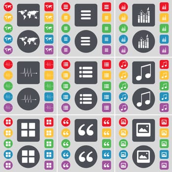 Globe, Apps, Graph, Pulse, List, Note, Quotation mark, Window icon symbol. A large set of flat, colored buttons for your design. illustration