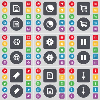 File, Moon, Shopping cart, Web cursor, Gear, Pause, Marker, Text file, Tie icon symbol. A large set of flat, colored buttons for your design. illustration