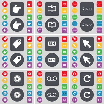 Hand, Monitor, Note, Tag, New, Cursor, Lens, Casette, Reload icon symbol. A large set of flat, colored buttons for your design. illustration