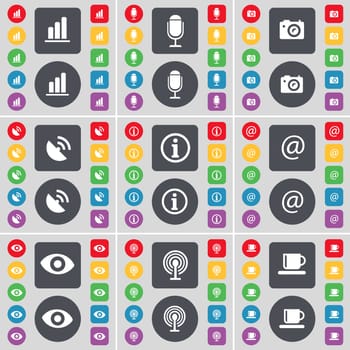 Diagram, Microscope, Camera, Satellite dish, Information, Mail, Vision, Wi-Fi, Cup icon symbol. A large set of flat, colored buttons for your design. illustration
