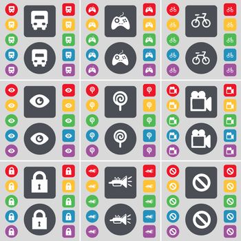 Truck, Gamepad, Bicycle, Vision, Lollipop, Film camera, Lock, Trumped, Stop icon symbol. A large set of flat, colored buttons for your design. illustration