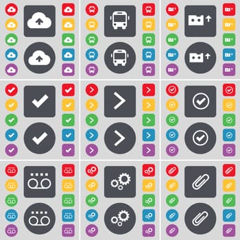 Cloud, Bus, Cassette, Tick, Arrow right, Tick, Gear, Clip icon symbol. A large set of flat, colored buttons for your design. illustration