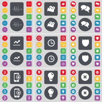 Pulse, Film camera, Quotation mark, Graph, Clock, Badge, Smartphone, Light bulb, Stop icon symbol. A large set of flat, colored buttons for your design. illustration