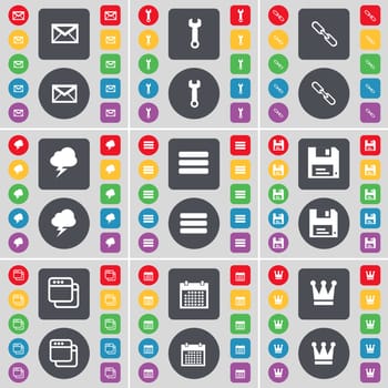 Message, Wrench, Link, Lightning, Apps, Floppy, Window, Calendar, Crown icon symbol. A large set of flat, colored buttons for your design. illustration