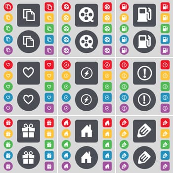 Copy, Videotape, Gas station, Heart, Flash, Information, Gift, House, Pencil icon symbol. A large set of flat, colored buttons for your design. illustration