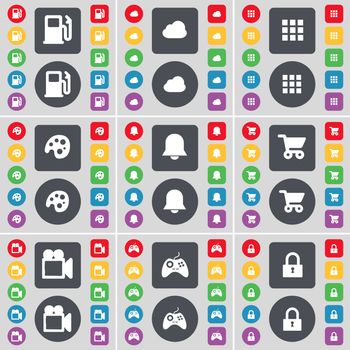 Gas station, Cloud, Apps, Palette, Notification, Shopping cart, Film camera, Gamepad, Lock icon symbol. A large set of flat, colored buttons for your design. illustration