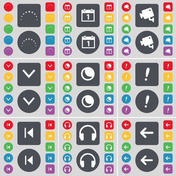 Star, Calendar, CCTV, Arrow down, Moon, Exclamation mark, Media skip, Headphones, Arrow left icon symbol. A large set of flat, colored buttons for your design. illustration