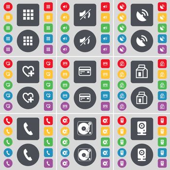 Apps, Mute, Satellite dish, Heart, Credit card, Packing, Receiver, Gramophone, Speaker icon symbol. A large set of flat, colored buttons for your design. illustration
