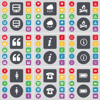 Server, Cloud, Campfire, Quotation mark, Information, Silhouette, Retro phone, Battery icon symbol. A large set of flat, colored buttons for your design. illustration