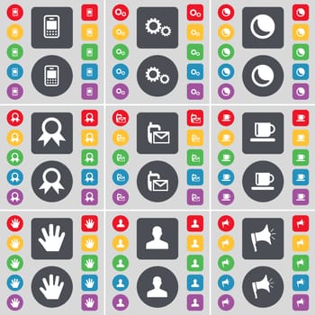 Mobile phone, Gear, Moon, Medal, SMS, Cup, Hand, Avatar, Megaphone icon symbol. A large set of flat, colored buttons for your design. illustration