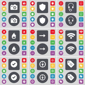 Camera, Badge, Headphones, Fire, Arrow right, Wi-Fi, Tick, Compass, Tag icon symbol. A large set of flat, colored buttons for your design. illustration