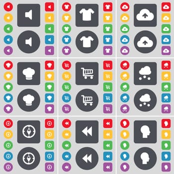 Sound, T-Shirt, Cloud, Cooking hat, Shopping cart, Cloud, Compass, Rewind, Silhouette icon symbol. A large set of flat, colored buttons for your design. illustration