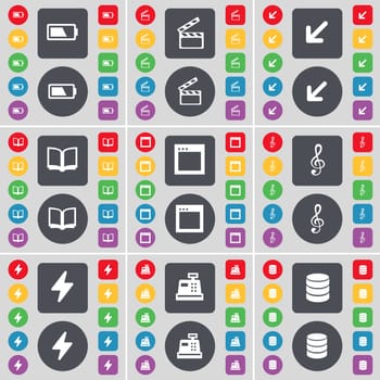 Battery, Clapper, Deploying screen, Book, Window, Clef, Flash, Cash register, Database icon symbol. A large set of flat, colored buttons for your design. illustration