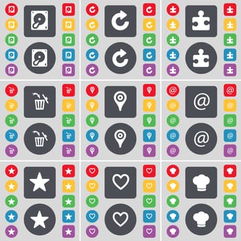 Hard drive, Reload, Puzzle part, Trash can, Checkpoint, Mail, Star, Heart, Cooking hat icon symbol. A large set of flat, colored buttons for your design. illustration