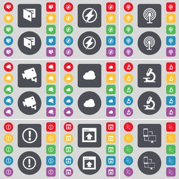 Wallet, Flash, Wi-Fi, CCTV, Cloud, Microscope, Exclamation, Window, Connection icon symbol. A large set of flat, colored buttons for your design. illustration