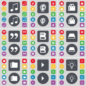 Note, Globe, Shopping cart, Quotation mark, SIM card, Hard drive, Folder, Media play, Light bulb icon symbol. A large set of flat, colored buttons for your design. illustration