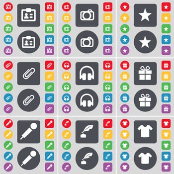 Contact, Camera, Star, Clip, Headphones, Gift, Microphone, Ink pot, T-Shirt icon symbol. A large set of flat, colored buttons for your design. illustration