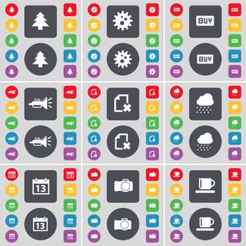 Firtree, Gear, Buy, Trumped, File, Cloud, Calendar, Camera, Cup icon symbol. A large set of flat, colored buttons for your design. illustration