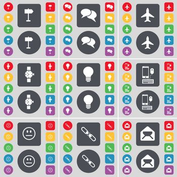 Sign post, Chat, Airplane, Wrist watch, Light bulb, Smartphone, Smile, Link, Message icon symbol. A large set of flat, colored buttons for your design. illustration