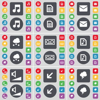 Note, File, Message, Cloud, Cassette, Music file, Volume, Deploying screen, Lightning icon symbol. A large set of flat, colored buttons for your design. illustration
