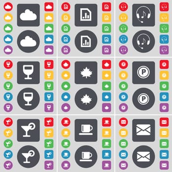 Cloud, Diagram file, Headphones, Wineglass, Maple leaf, Parking, Cocktail, Cup, Message icon symbol. A large set of flat, colored buttons for your design. illustration