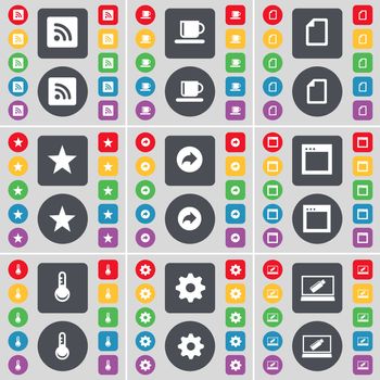 RSS, Cup, File, Star, Back, Window, Thermometer, Gear, Laptop icon symbol. A large set of flat, colored buttons for your design. illustration