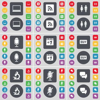 Laptop, RSS, Silhouette, Microphone, Plus one, Buy, Microscope, Chat icon symbol. A large set of flat, colored buttons for your design. illustration