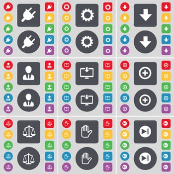 Socket, Gear, Arrow down, Avatar, Monitor, Plus, Scales, Hand, Media skip icon symbol. A large set of flat, colored buttons for your design. illustration
