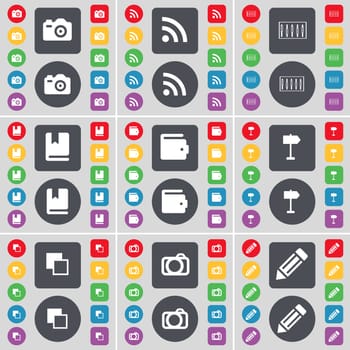 Camera, RSS, Equalizer, Dictionary, Wallet, Signpost, Copy, Camera, Pencil icon symbol. A large set of flat, colored buttons for your design. illustration